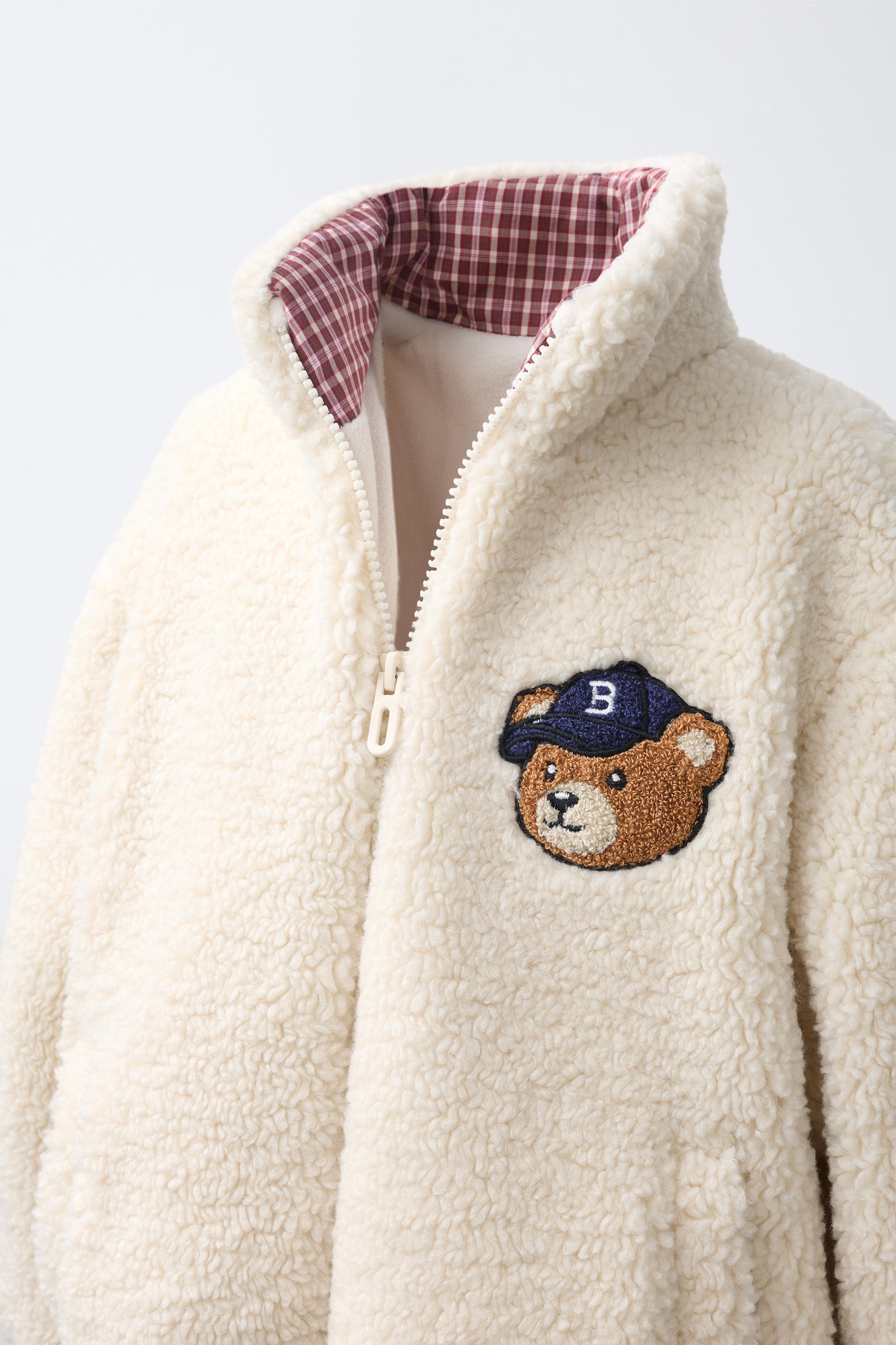 BEAR EMBROIDERY FAUX SHEARLING JACKET